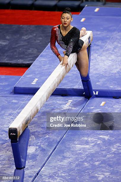 Kyla Ross competes in the women's finals of the 2015 P&G Gymnastics Championships at Bankers Life Fieldhouse on August 15, 2015 in Indianapolis,...