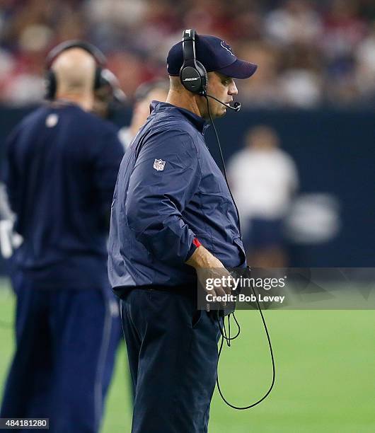 Head coach Bill O'Brien of the Houston Texans looks on from the sidelines during a preseason game against the San Francisco 49ers at Reliant Arena at...