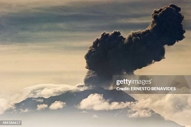 Picture taken on April 3, 2014 showing the Ubinas volcano spewing ash, as seen from Arequipa, some 1000 km south of Lima. Residents have fled...