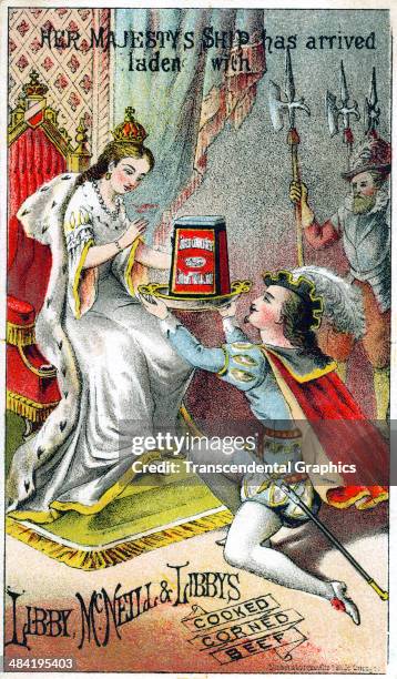 Lithographic trade card features a fairy tale image of Prince Charming bringing canned corned beef to a princess on her throne and is published in...