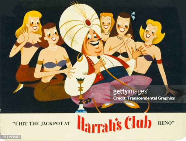 Lithographic postcard with a cartoon harem theme advertises Harrah's Casino in Reno Nevada around 1960. A sultan in a turban has five members of his...
