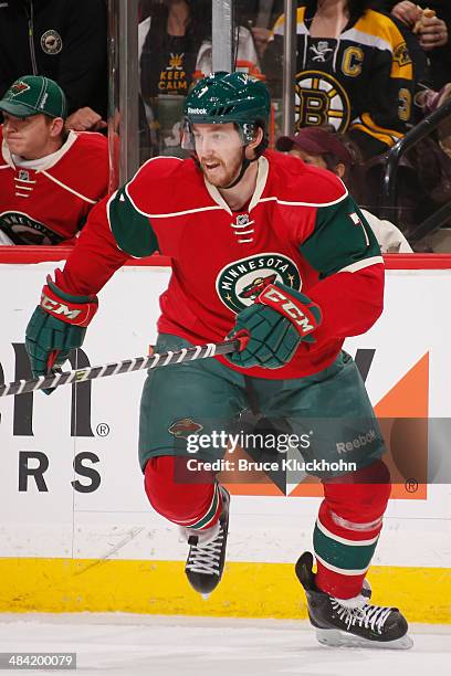 Jonathon Blum of the Minnesota Wild skates against the Boston Bruins during the game on April 8, 2014 at the Xcel Energy Center in St. Paul,...