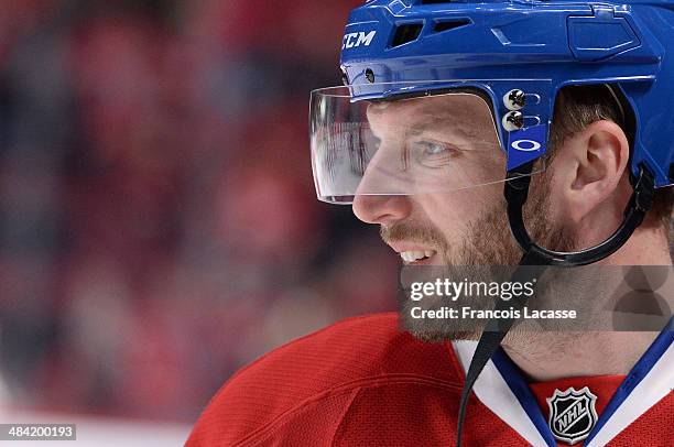 Thomas Vanek of the Montreal Canadiens warms up prior to the game against against the Detroit Red Wings during the NHL game on April 5, 2014 at the...