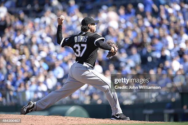 Scott Downs of the Chicago White Sox pitches against the Kansas City Royals on April 5, 2014 at Kauffman Stadium in Kansas City, Missouri. The Kansas...