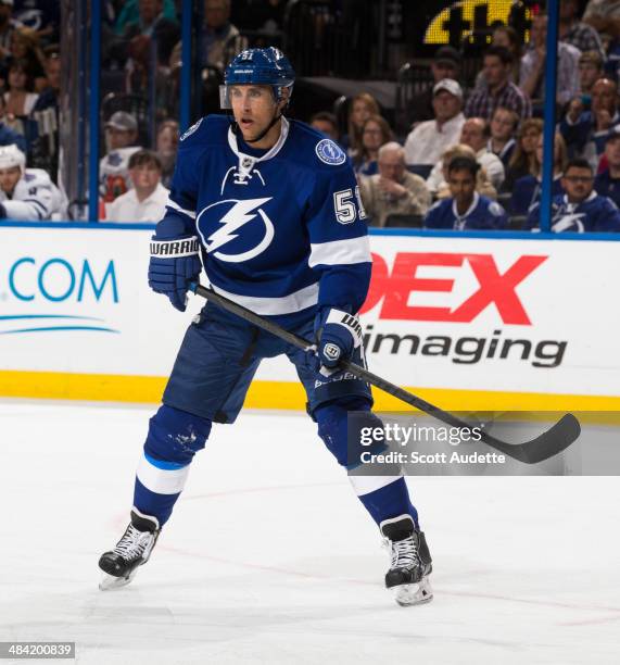 Valtteri Filppula of the Tampa Bay Lightning skates against the Toronto Maple Leafs at the Tampa Bay Times Forum on April 8, 2014 in Tampa, Florida.