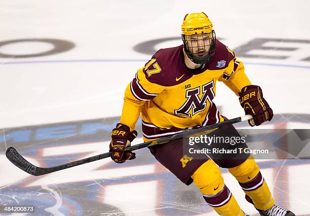 Seth Ambroz of the Minnesota Golden Gophers skates against North Dakota during the NCAA Division I Men's Ice Hockey Frozen Four Championship...