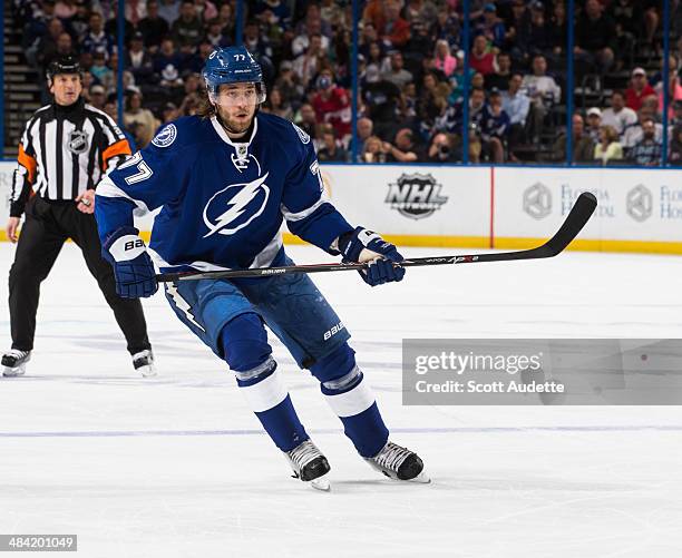 Victor Hedman of the Tampa Bay Lightning skates against the Toronto Maple Leafs at the Tampa Bay Times Forum on April 8, 2014 in Tampa, Florida.