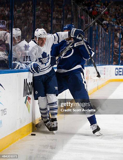 David Clarkson of the Toronto Maple Leafs skates against the Tampa Bay Lightning at the Tampa Bay Times Forum on April 8, 2014 in Tampa, Florida.