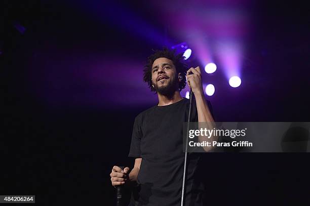 Rapper J. Cole performs in concert at Aarons Amphitheatre at Lakewood on August 15, 2015 in Atlanta, Georgia.