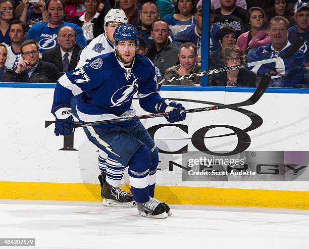 Victor Hedman of the Tampa Bay Lightning skates against the Toronto Maple Leafs at the Tampa Bay Times Forum on April 8, 2014 in Tampa, Florida.