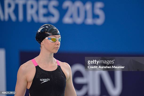Lauren Boyle of New Zealand prepares compete in the 400m Women's Freestyle on day two of the FINA Swimming World Cup 2015 on August 16, 2015 in...