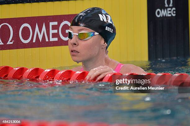 Lauren Boyle of New Zealand reacts after the 400m Women's Freestyle race on day two of the FINA Swimming World Cup 2015 on August 16, 2015 in...