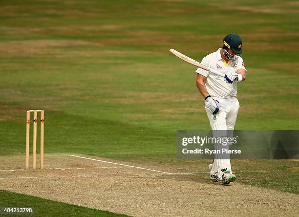 Shane Watson of Australia looks dejected after being dismissed LBW by Ben Sanderson of Northamptonshire during day three of the tour match between...