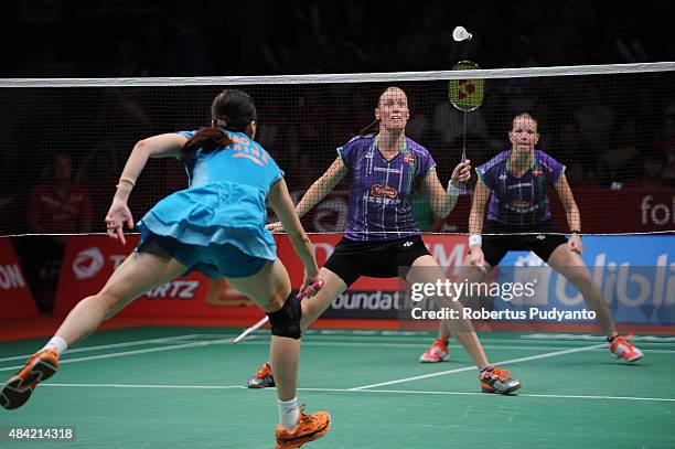 Christinna Pedersen and Kamilla Rytter Juhl of Denmark compete against Tian Qing and Zhao Yunlei of China in the women doubles final match of the...