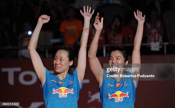 Tian Qing and Zhao Yunlei of China react after defeating Christinna Pedersen and Kamilla Rytter Juhl of Denmark in the women doubles final match of...