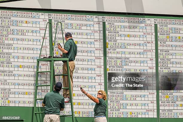 Scores go up on the board during the second round at the Masters Tournament in August, Ga., on Friday, April 11, 2014.