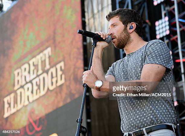 Recording artist Brett Eldredge rehearses for ACM Presents: Superstar Duets at Globe Life Park in Arlington on April 18, 2015 in Arlington, Texas.