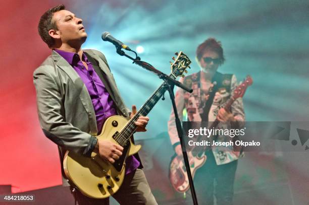 James Dean Bradfield and Nicky Wire of Manic Street Preachers performs on stage at Brixton Academy on April 11, 2014 in London, United Kingdom.