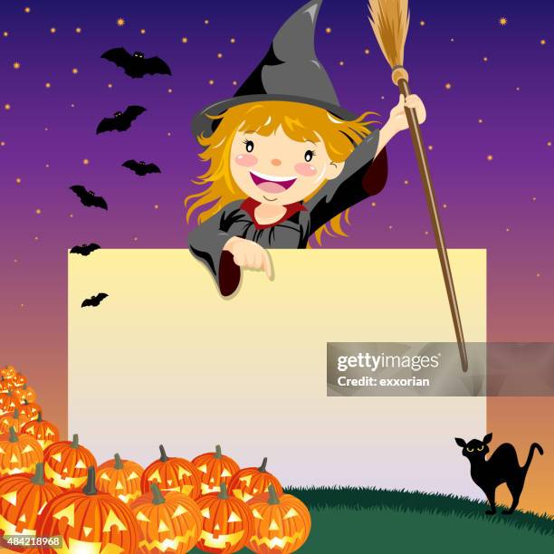 witch pointing at signboard - witch background stock illustrations