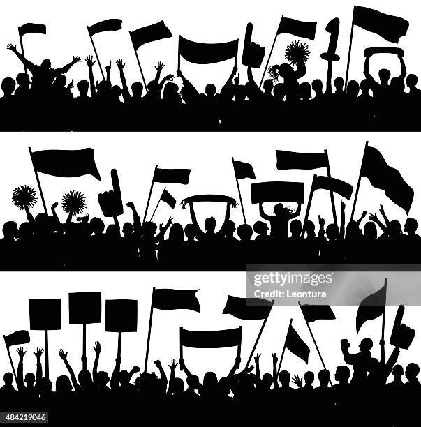 crowd (78 people silhouettes- a clipping path hides the legs) - placard protest stock illustrations