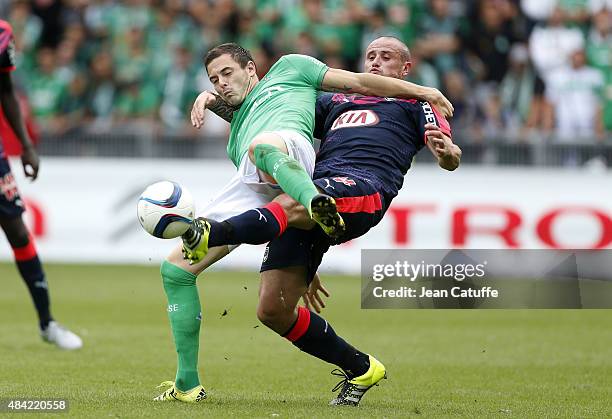 Nolan Roux of Saint-Etienne and Nicolas Pallois of Bordeaux in action during the French Ligue 1 match between AS Saint-Etienne and FC Girondins de...