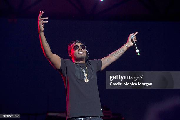 Nas performs on stage at Chene Park Amphitheater on August 15, 2015 in Detroit, Michigan.