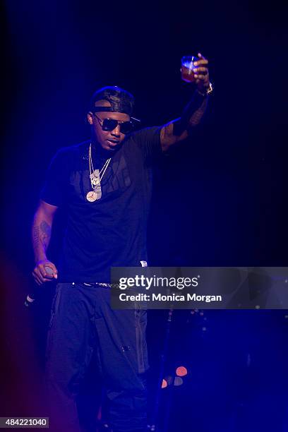 Nas performs on stage at Chene Park Amphitheater on August 15, 2015 in Detroit, Michigan.
