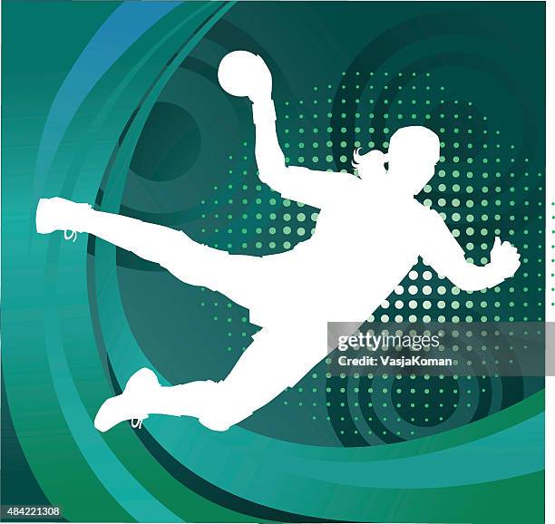 handball player silhouette shooting ziel-grün hintergrund - court handball stock-grafiken, -clipart, -cartoons und -symbole