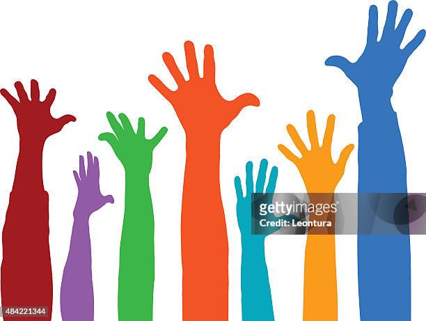 hands in the air - many hands in air stock illustrations