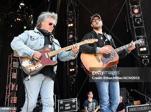Recording artists Marty Stuart and Eric Church rehearse for ACM Presents: Superstar Duets at Globe Life Park in Arlington on April 18, 2015 in...