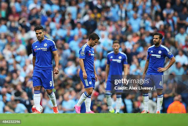 Radamel Falcao of Chelsea looks dejected after the third Manchester City goal scored by Fernandinho of Manchester City during the Barclays Premier...