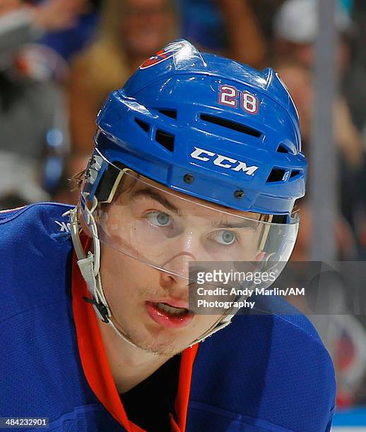 Johan Sundstrom of the New York Islanders looks on against the New Jersey Devils during the game at the Nassau Coliseum on March 29 in Uniondale, New...
