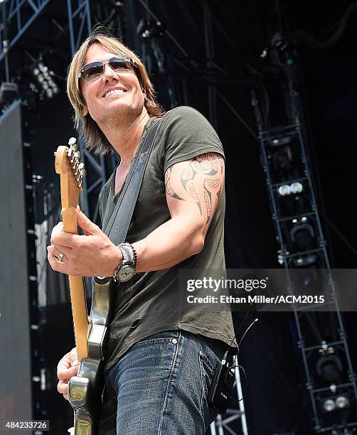 Recording artist Keith Urban rehearses for ACM Presents: Superstar Duets at Globe Life Park in Arlington on April 18, 2015 in Arlington, Texas.