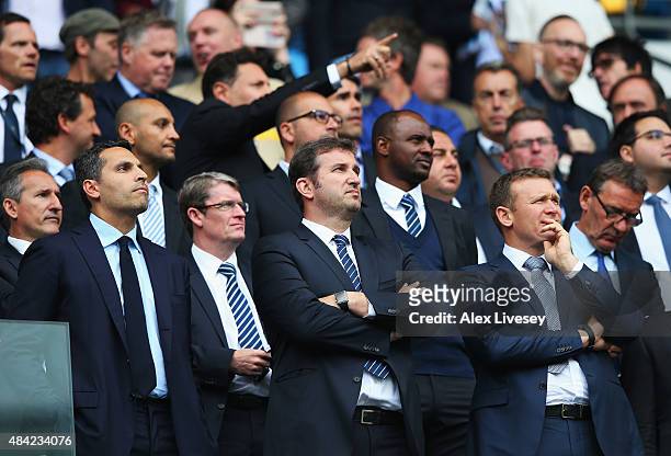 Khaldoon Al Mubarak , Chairman of Manchester City and Ferran Soriano, Chief Executive Officer look on during the Barclays Premier League match...