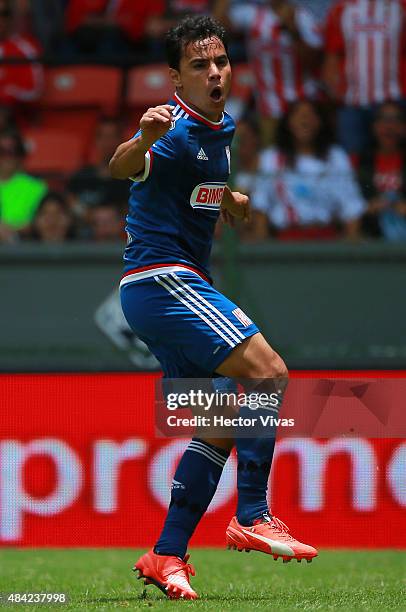 Omar Bravo of Chivas celebrates after scoring the first goal of his team during a 5th round match between Toluca and Chivas as part of the Apertura...