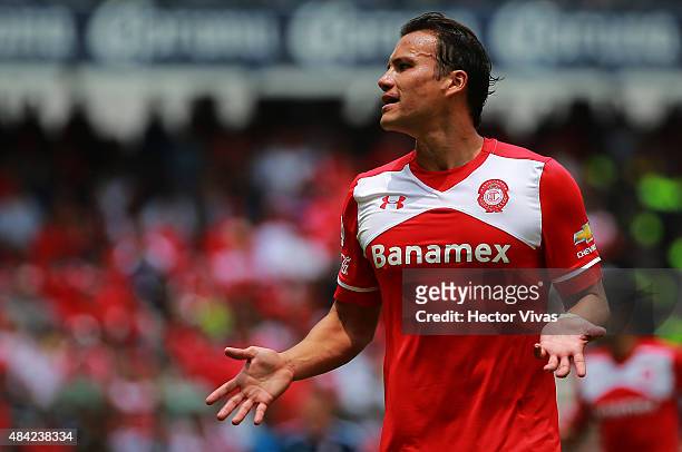 Aaron Galindo of Toluca reacts during a 5th round match between Toluca and Chivas as part of the Apertura 2015 Liga MX at Nemesio Diez Stadium on...