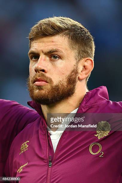 Dave Attwood of England lines up for the national anthems during the QBE International match between England and France at Twickenham Stadium on...