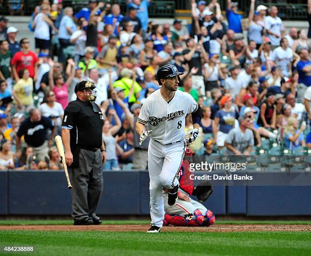 Ryan Braun of the Milwaukee Brewers hits a grand slam home run against the Philadelphia Phillies during the fifth inning on August 16, 2015 at Miller...