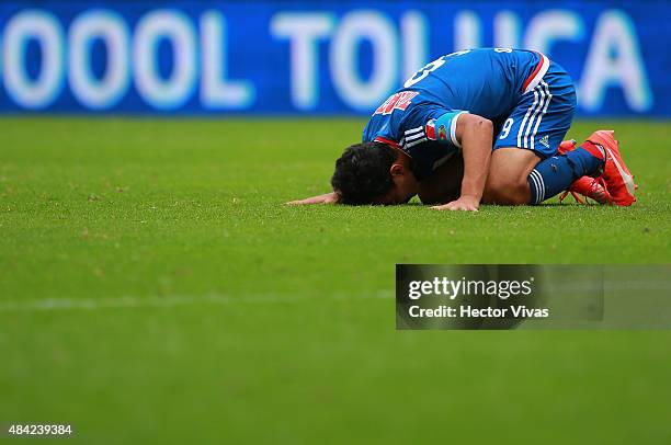 Omar Bravo of Chivas reacts during a 5th round match between Toluca and Chivas as part of the Apertura 2015 Liga MX at Nemesio Diez Stadium on August...