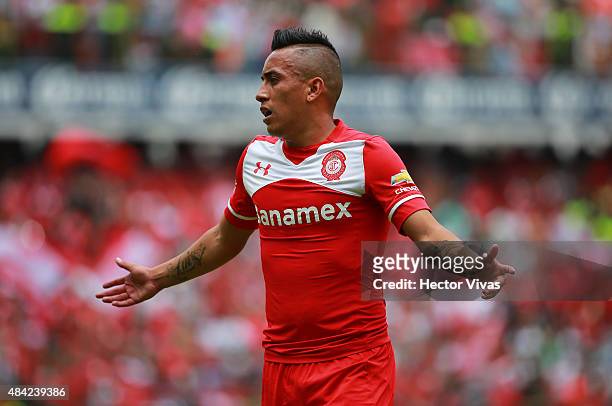 Christian Cueva of Toluca reacts during a 5th round match between Toluca and Chivas as part of the Apertura 2015 Liga MX at Nemesio Diez Stadium on...