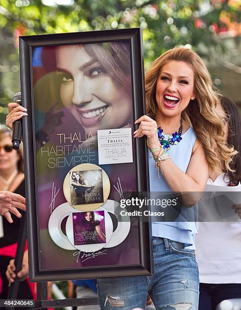 Mexican actress and singer Thalia attends to the presentation of her new children's album "Viva Kids" at Parque Cuicuilco on April 10, 2014 in Mexico...