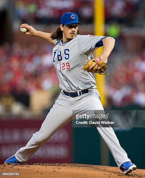 Jeff Samardzija of the Chicago Cubs delivers a pitch against the St. Louis Cardinals in the first inning at Busch Stadium on April 11, 2014 in St....