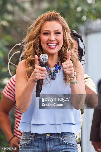 Mexican actress and singer Thalia attends to the presentation of her new children's album "Viva Kids" at Parque Cuicuilco on April 10, 2014 in Mexico...
