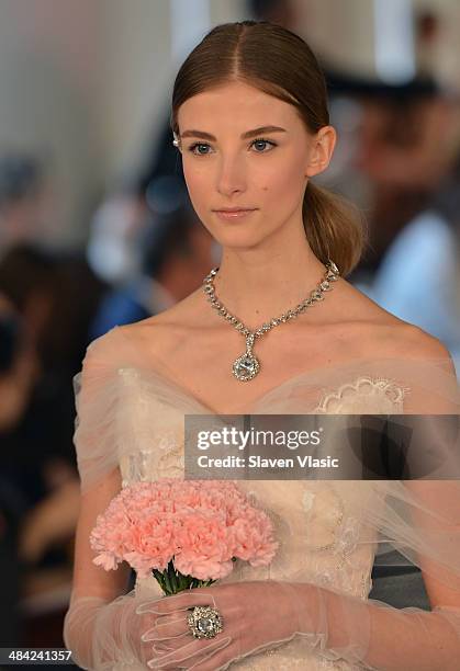 Model walks the runway at the Oscar De La Renta Spring 2015 Bridal collection show on April 11, 2014 in New York City.