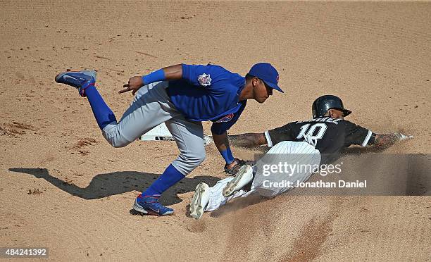 Alexei Ramirez of the Chicago White Sox is caught trying to steal second base by Starlin Castro of the Chicago Cubs in the 6th inning at U.S....