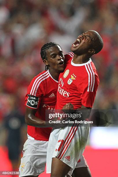 Benfica's defender Nelson Semedo celebrates scoring Benfica«s fourth goal Benfica's midfielder Vitor Andrade during the match between SL Benfica and...