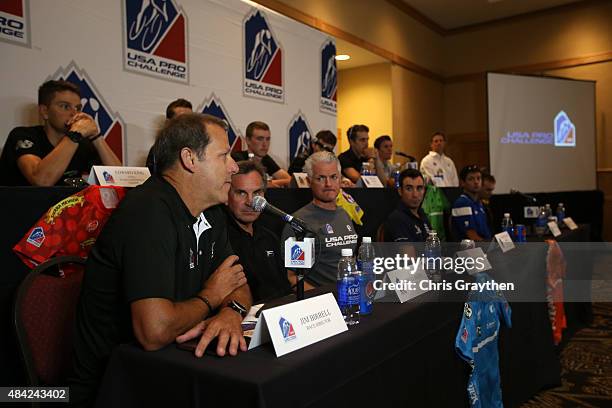 Race director Jim Birrell of Medlaist Sports speaks during the press conference for the 2015 USA Pro Challenge at the Steamboat Grand Hotel on August...