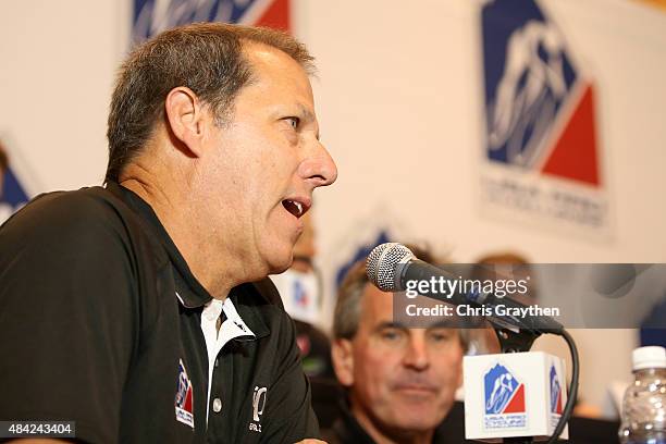 Race director Jim Birrell of Medlaist Sports speaks during the press conference for the 2015 USA Pro Challenge at the Steamboat Grand Hotel on August...