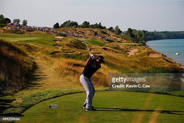 Jason Day of Australia plays his shot from the 13th tee during the final round of the 2015 PGA Championship at Whistling Straits on August 16, 2015...