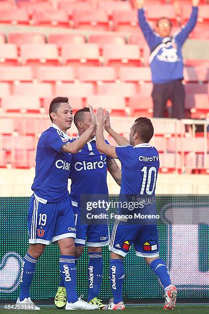 Gustavo Canales of Universidad de Chile celebrates the opening goal during a match between U de Chile and San Luis as a part of third round of Torneo...